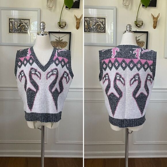 Vintage 80s Jolie Flamingo Pink Grey White Sweater Vest M - Picture 1 of 8